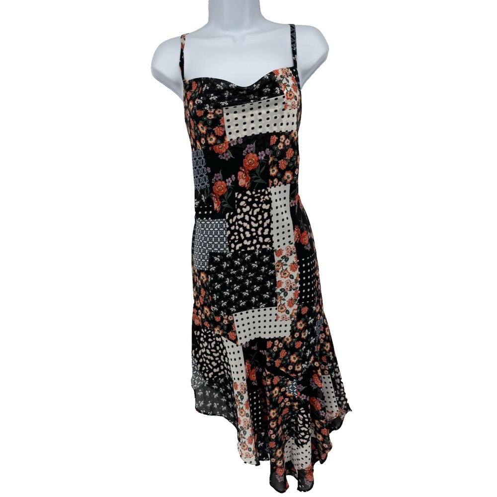 Patchwork Floral Asymmetrical Dress Cowl Neck Fairy Cottage Country Festival NWT